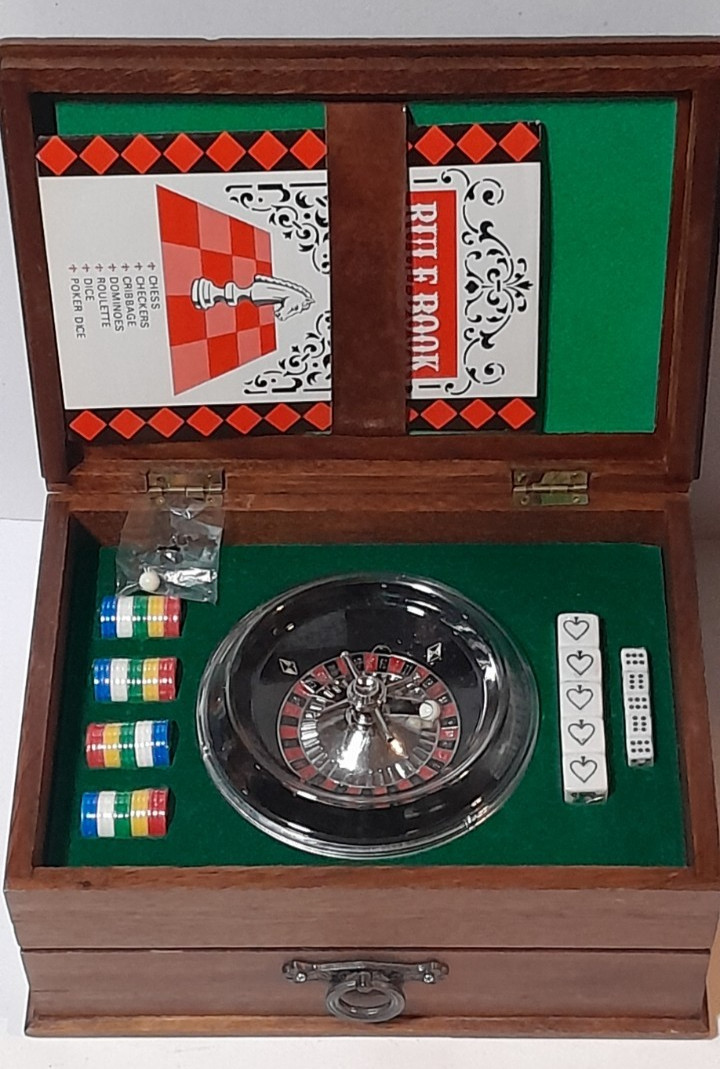 Vintage Wooden Medieval Knight Casino Game Set Roulette Wheel, Poker Chips, Dice