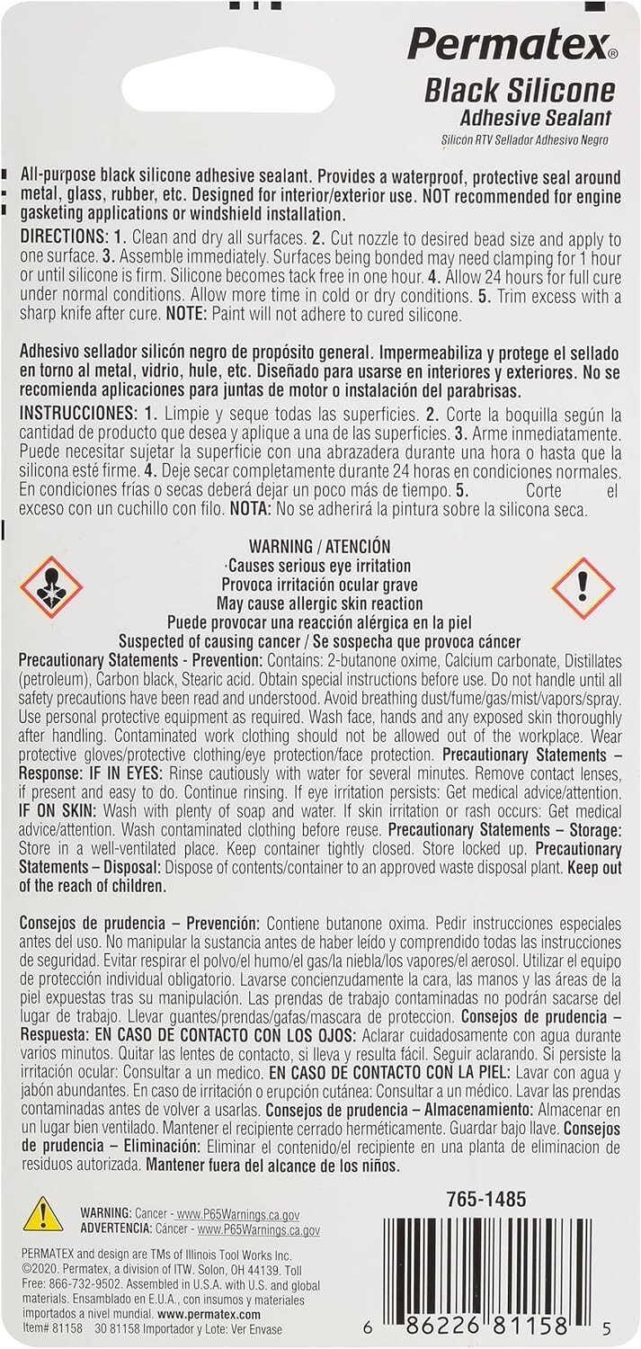 Permatex 81158 Black Silicone Adhesive Sealant, 3 oz. Tube, Pack of 1 Free Ship