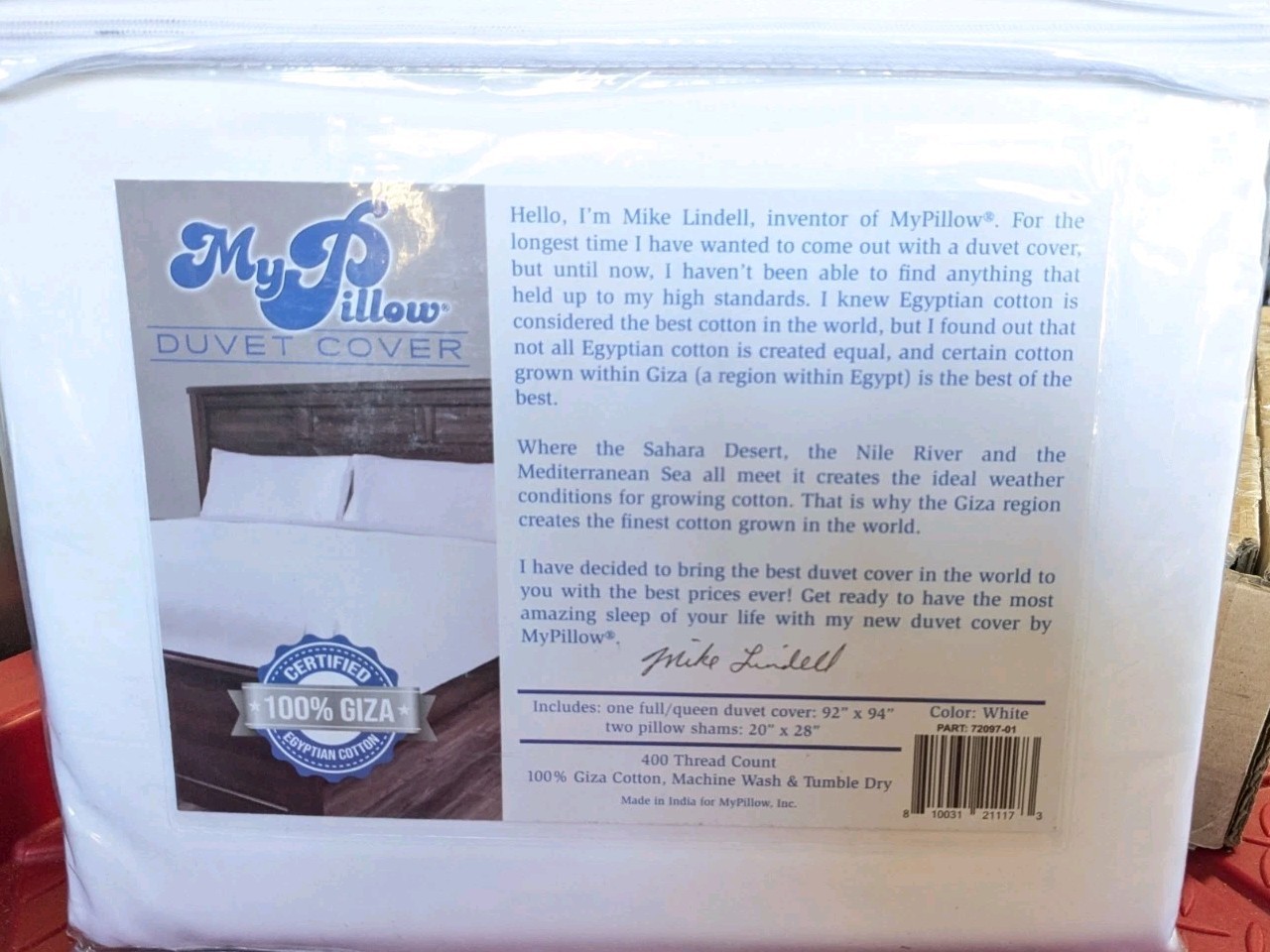 My Pillow Bedding Duvet Cover + 2 Shams Full/Queen White 100% Giza Cotton 400 TC