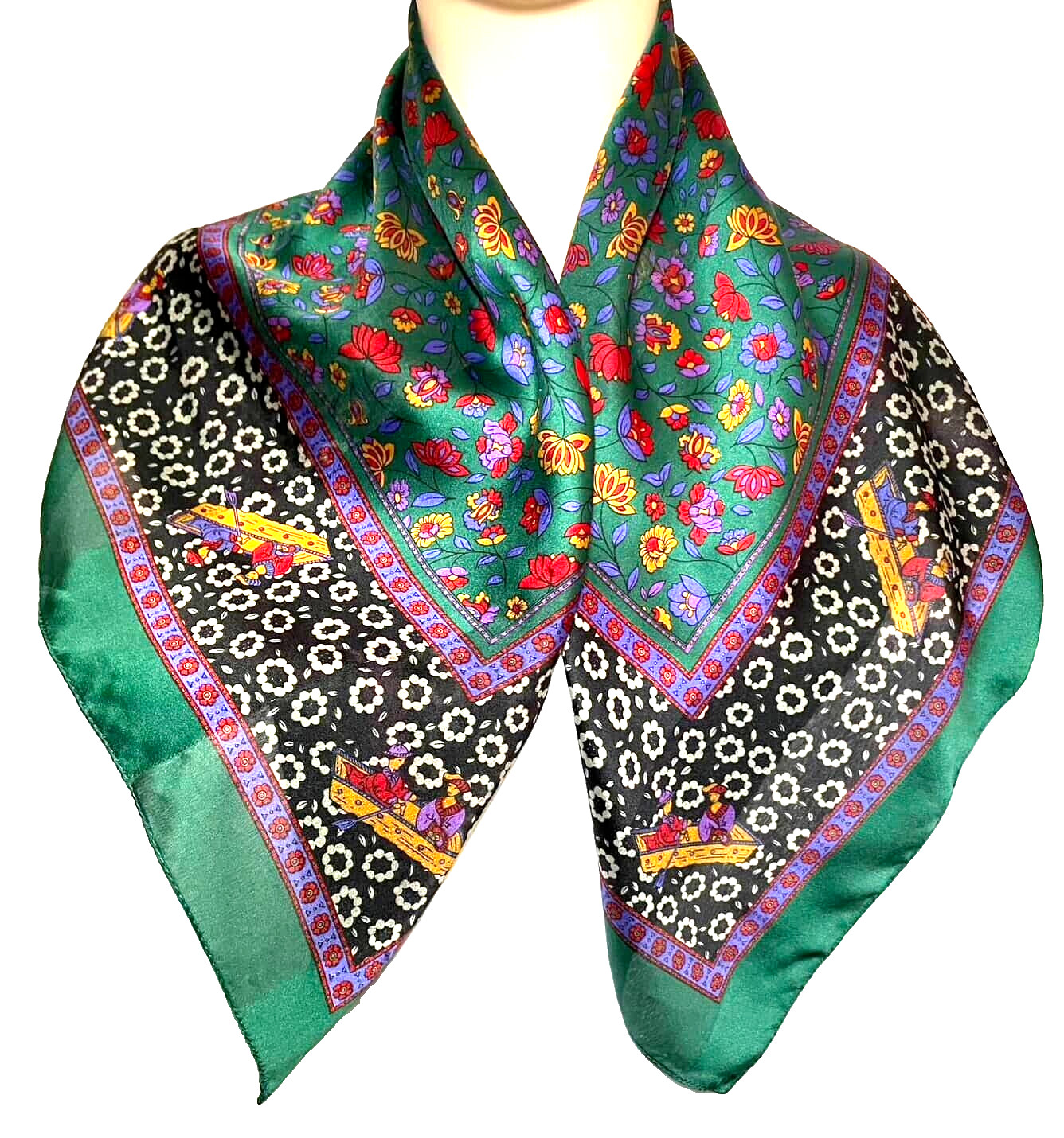 VTG Italy Square Scarf Asian Motif Couple in Boat Lotus Flowers Green 31x31"