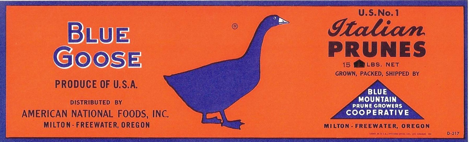 Original BLUE GOOSE prune crate label Blue Mountain Co-op Milton Freewater  b/o