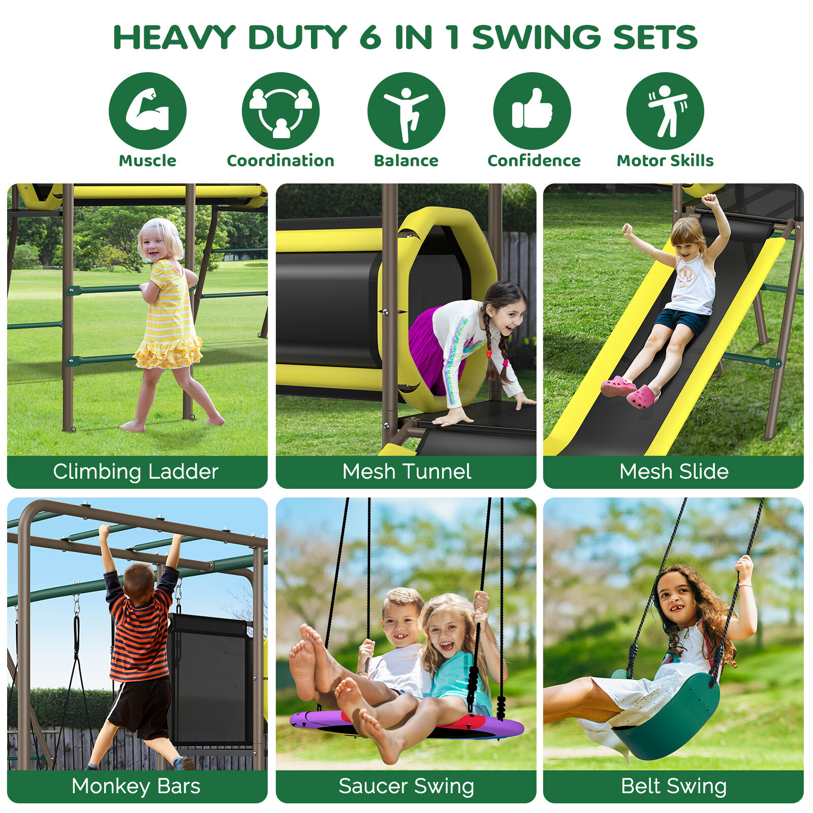 Metal Swing Set Playground Set with 2 Swing, Monkey Bar, Climbing Ladder & Slide
