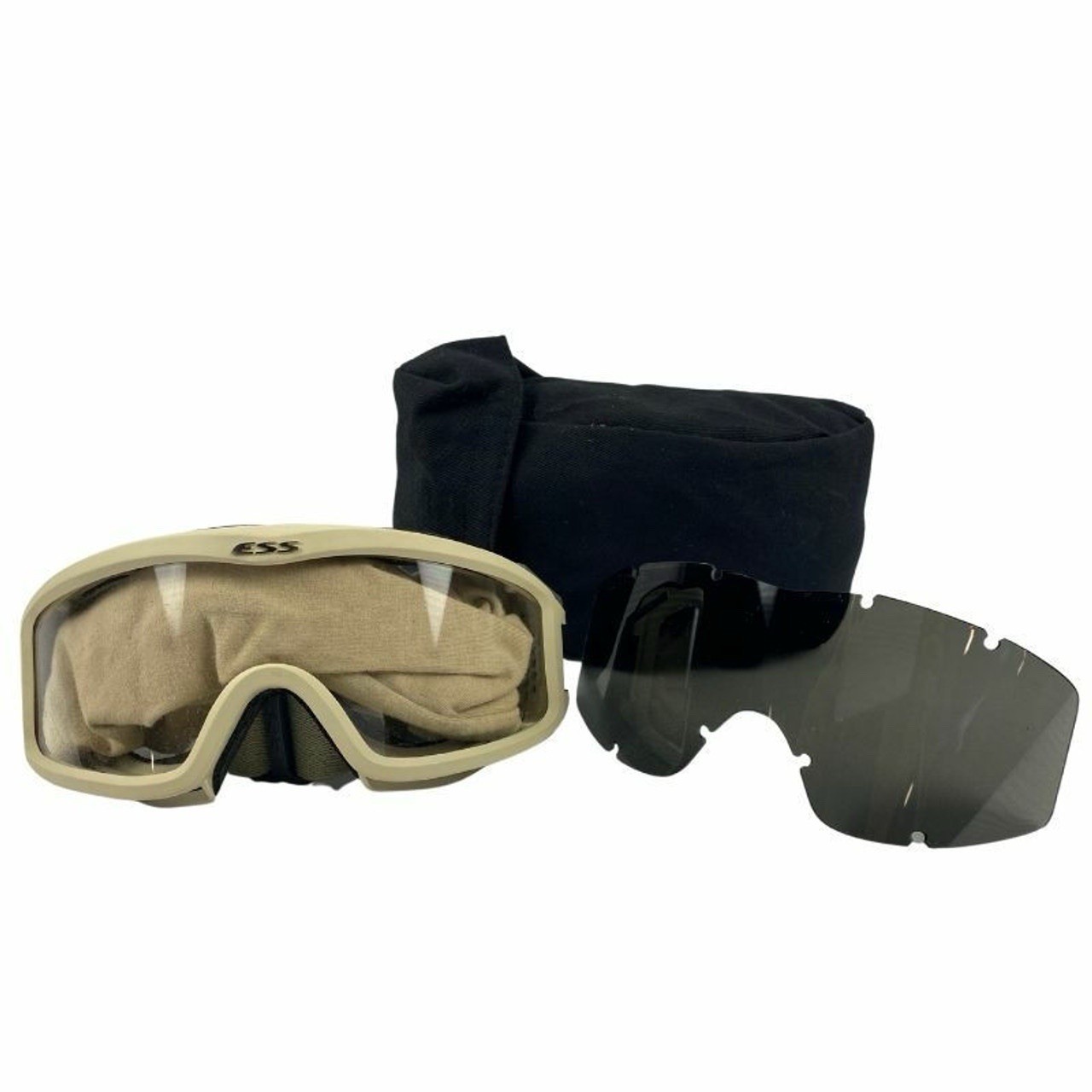 USMC Surplus TAN ESS profile goggles with dark lens, cover, and carrying case