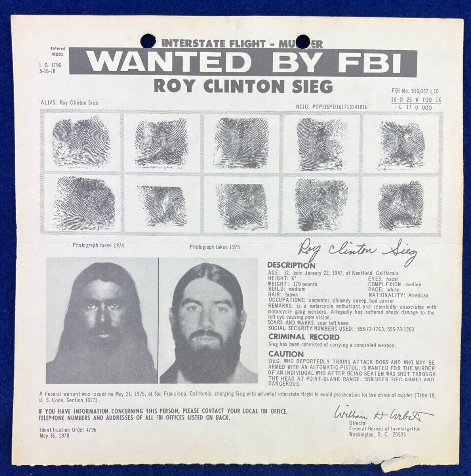 Hells Angels Vintage FBI Wanted Poster Roy Clinton Sieg Murder Motorcycle Gang