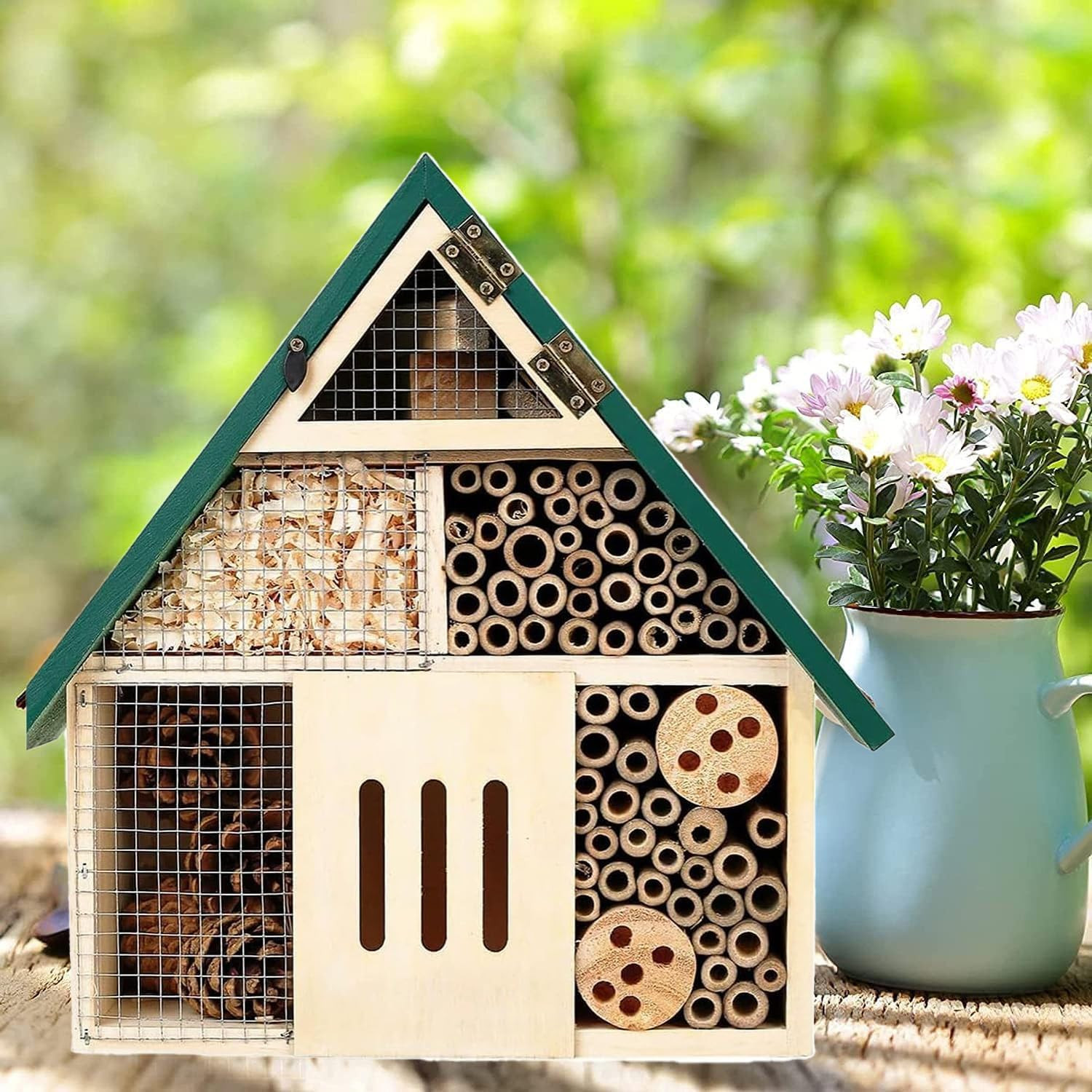 Bee House Hanging Insect Hotel – Natural Wooden Bee Hotel for Outdoors, DIY Inse