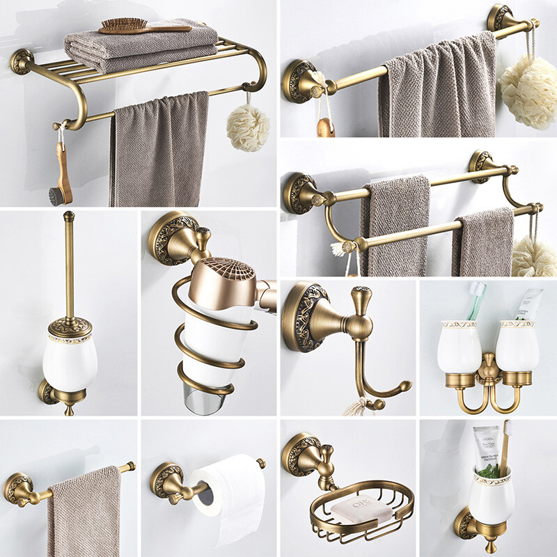 Antique Brass Carved Bathroom Accessories Bathroom Hardware Set Towel Shelf Bar