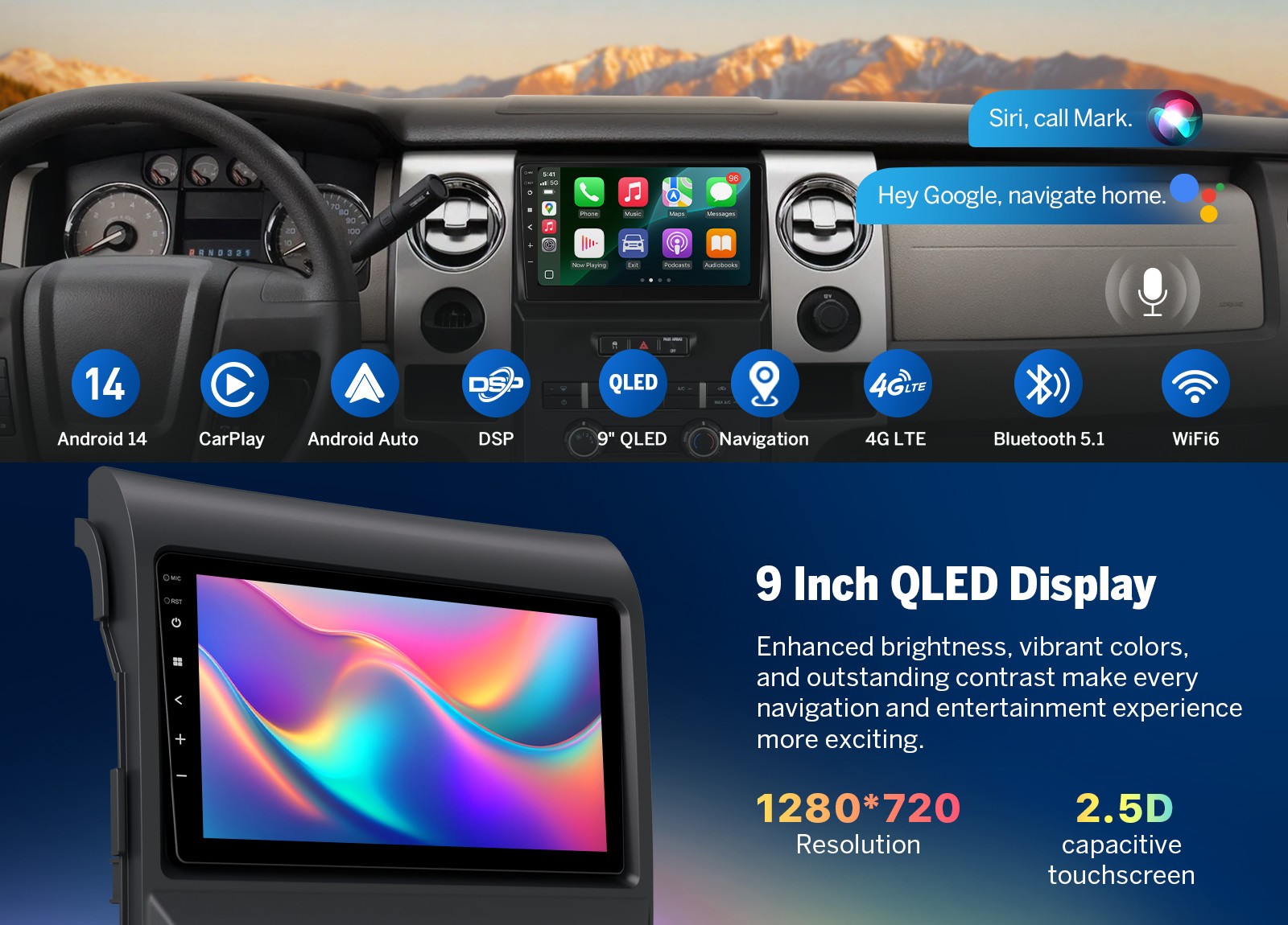 CAM+DVR+FDF1X7S Android 14 6+64 9" Car Stereo GPS HeadUnit CarPlay For Ford F150