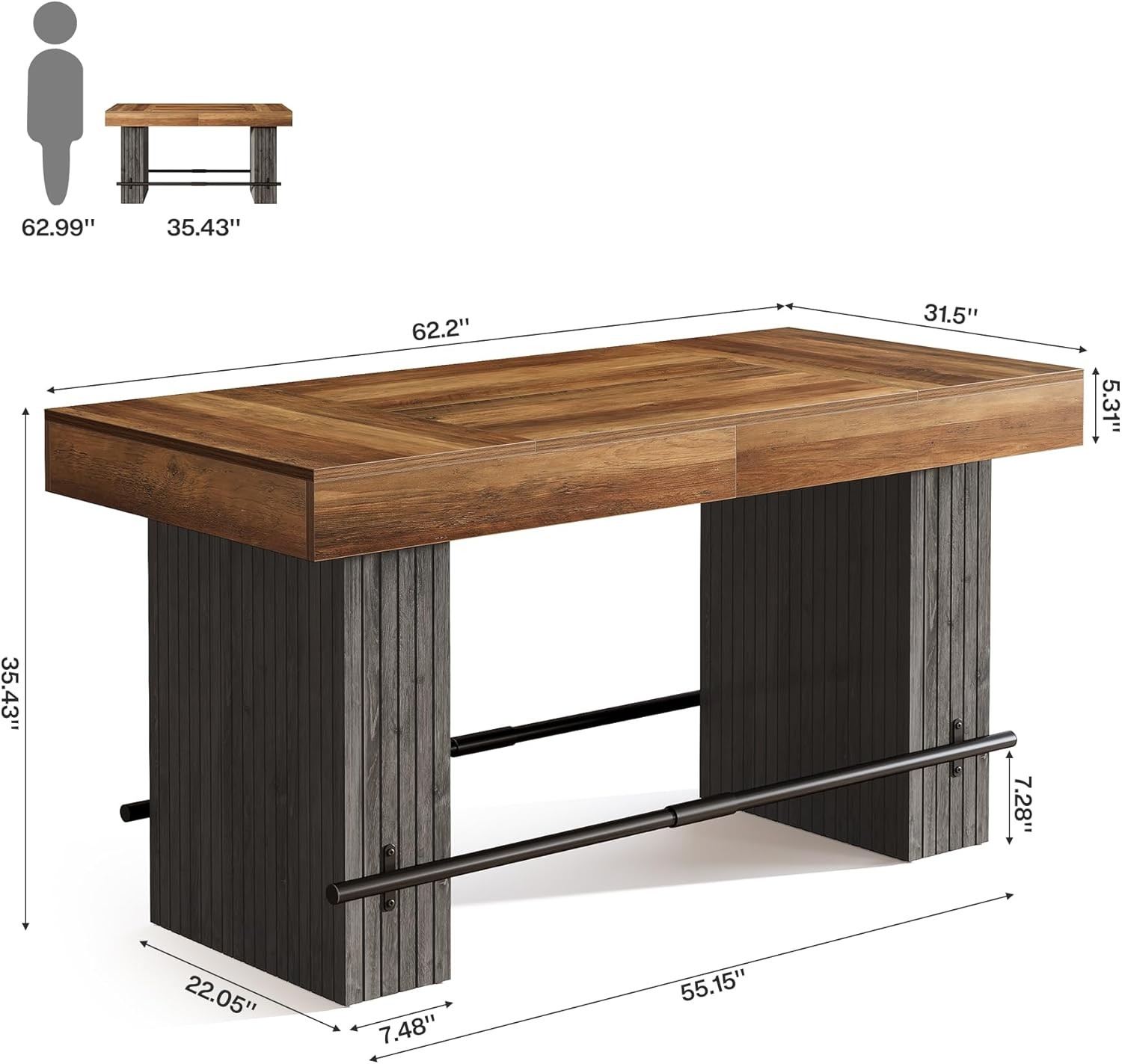 62.2-Inch Dining Table for 4-6,High Top Kitchen Pub Bar Island with Footrest