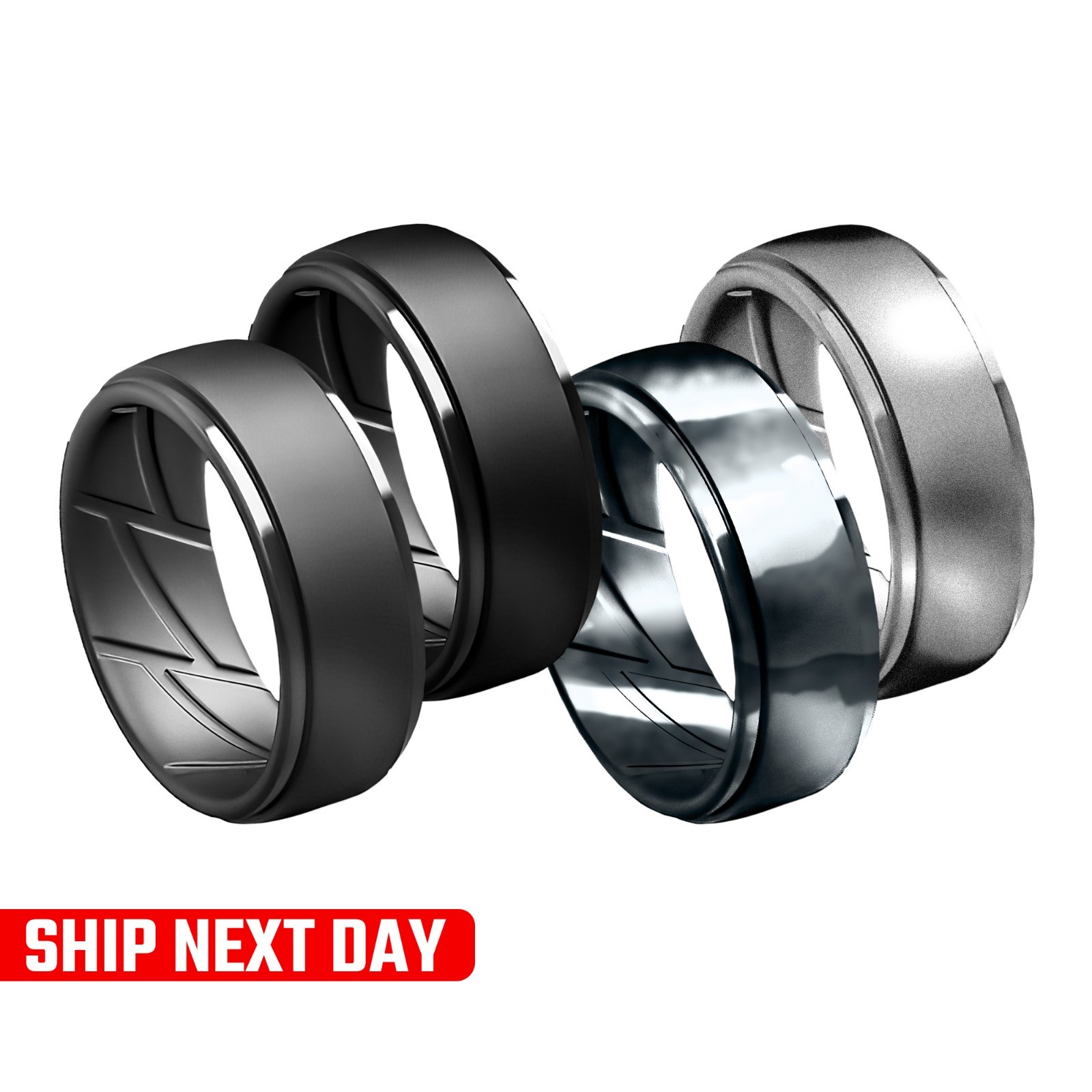 4-Pack Men’s Silicone Wedding Rings – Camo, Black, Silver, Grey – Safe for Work