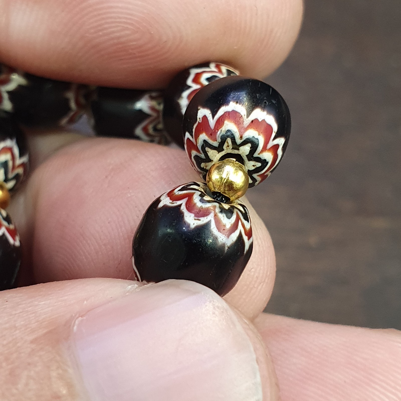 Vintage Venetian Style beads Old African black Glass Chevron Beads Long Strand