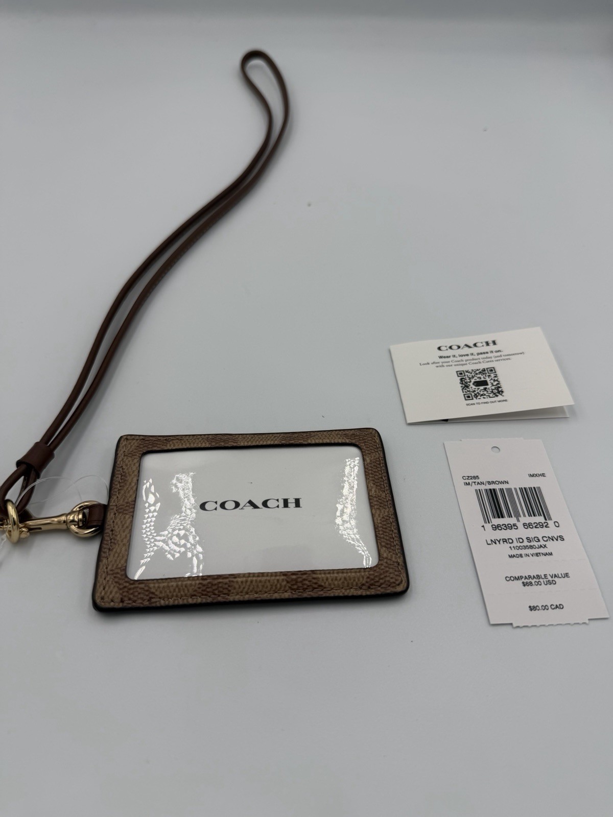 New COACH ID Lanyard Signature  Canvas Leather Tan/Brown CZ285