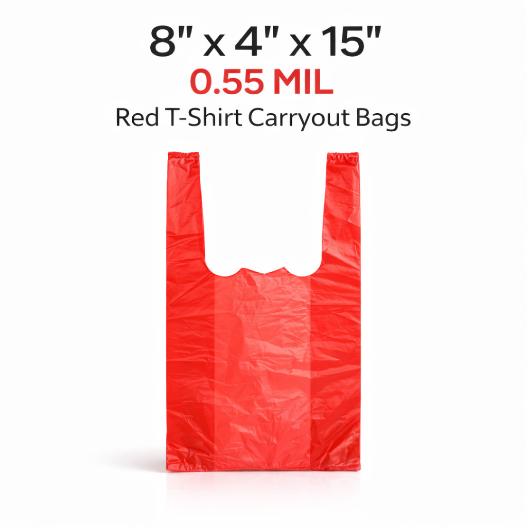 Red T-Shirt Plastic Bags 8x4x15 0.55 Mil Grocery Retail Carryout