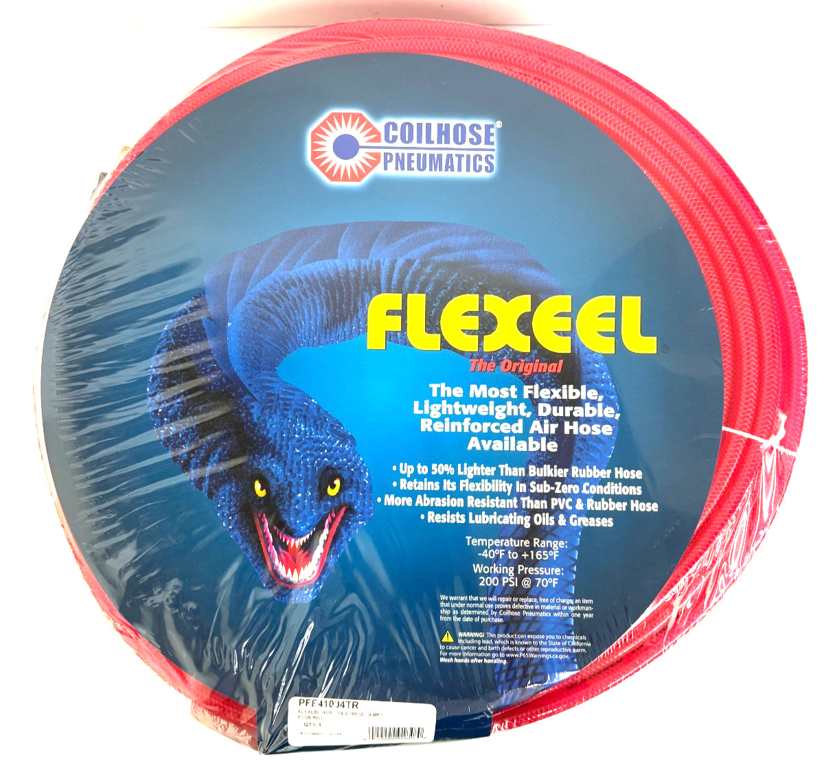 Coilhose Pneumatics PFE41004TR FLEXEEL 1/4 x 100' Hose 1/4" MPT Fittings Red