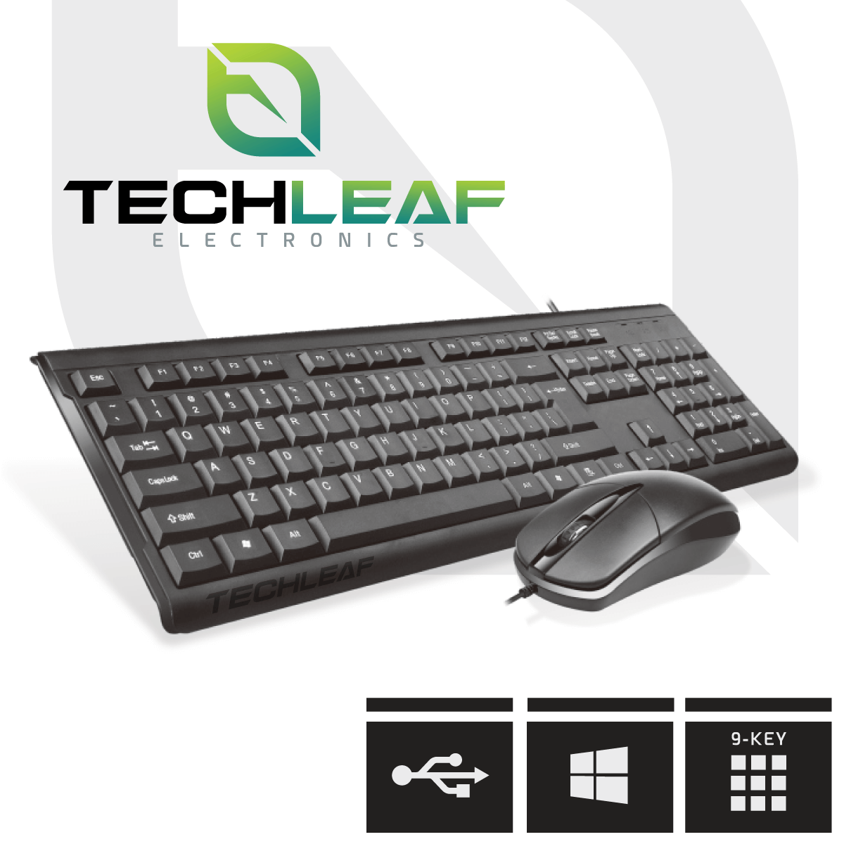 T15 Wired Keyboard & Mouse Combo, 9-Key, Water Resistant, Soft Touch Keys