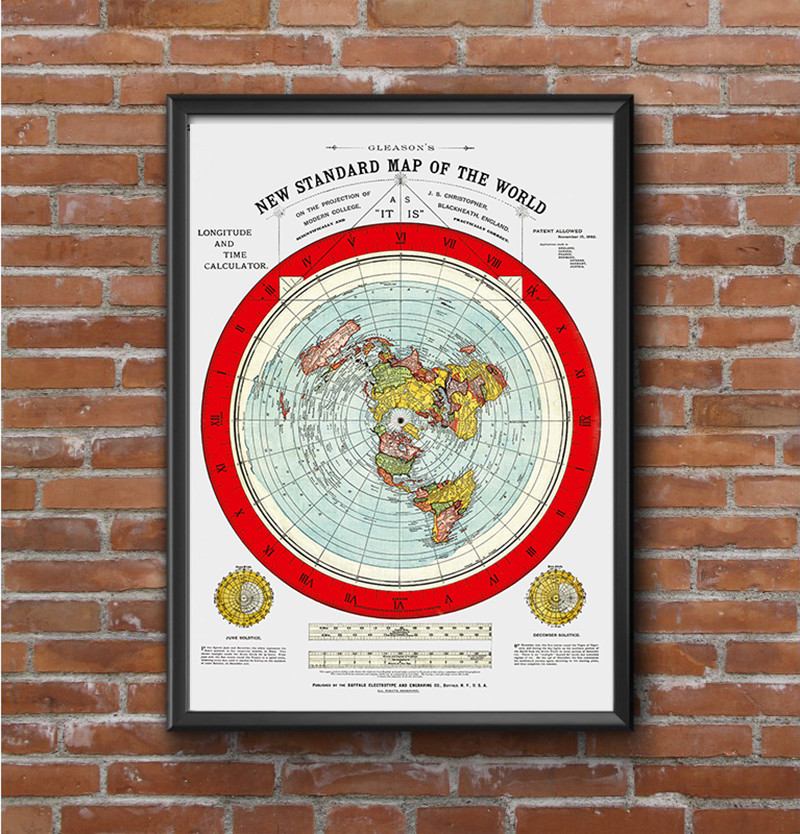 Flat Earth Map - Gleason's New Standard Map Of The World - Large 24" x 36" 1892