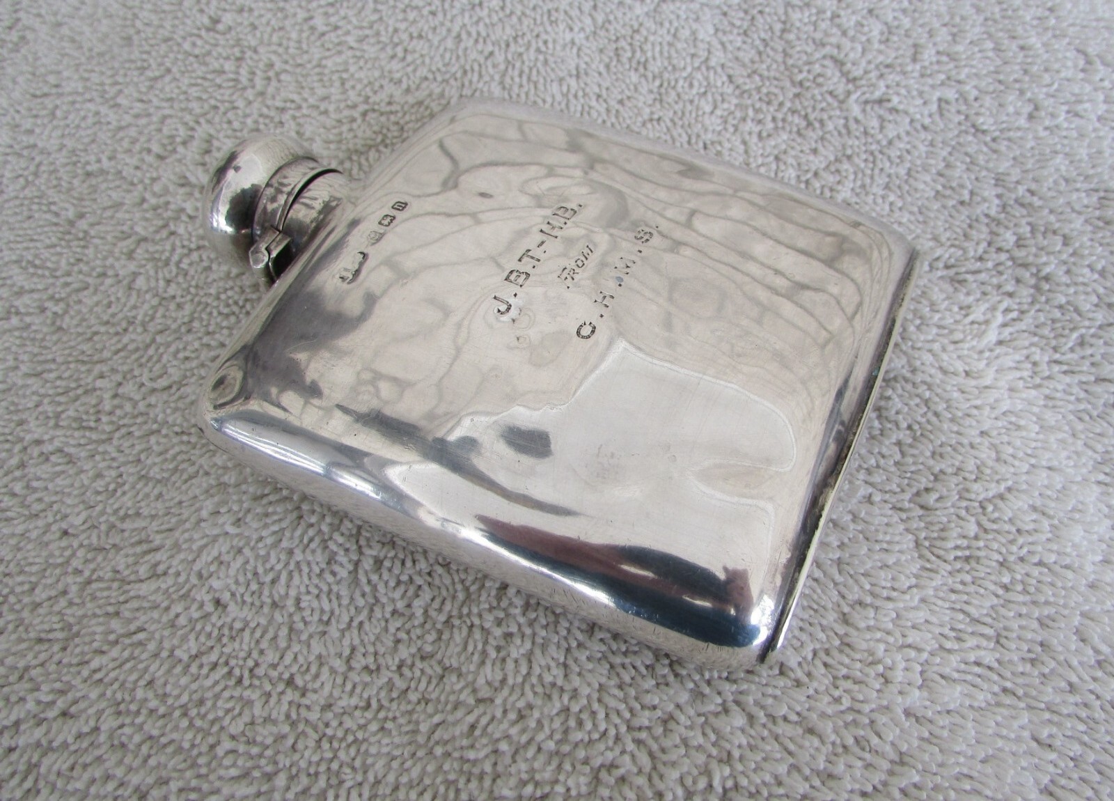 Vintage Sterling Silver 4x3 inch Hip Flask Engraved / has a Hallmark marking