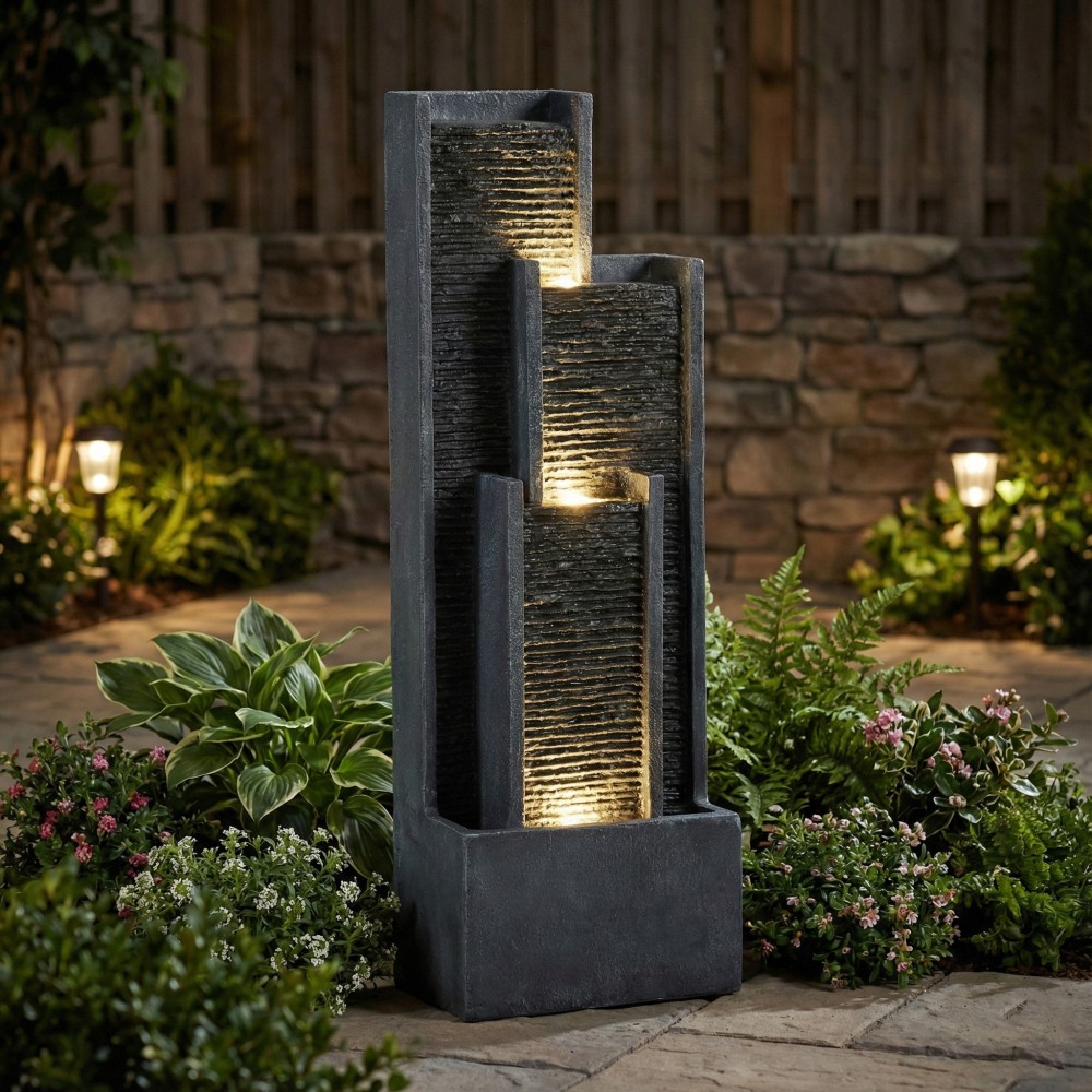 40 Inch Modern Outdoor Water Fountain Floor Standing Cascading Waterfall
