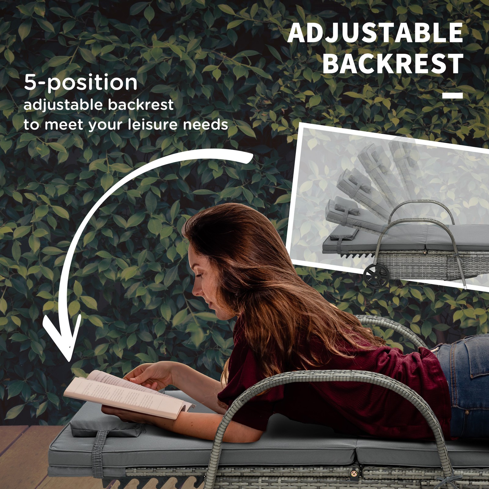 Outdoor PE Rattan Reclining Sun Lounger Set of 2 w/ Cushion, Wheels, Gray