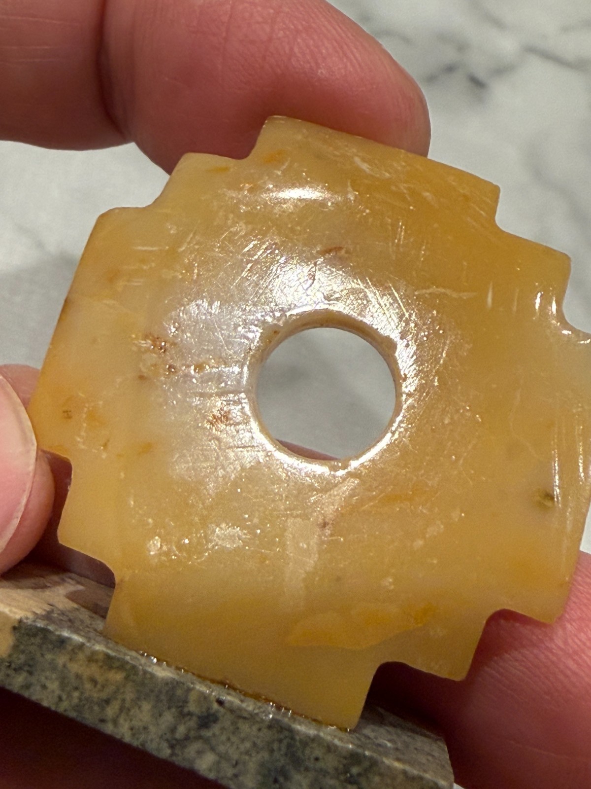 Vintage Small Yellow Stone Carving Chakana Inca Cross on Stand