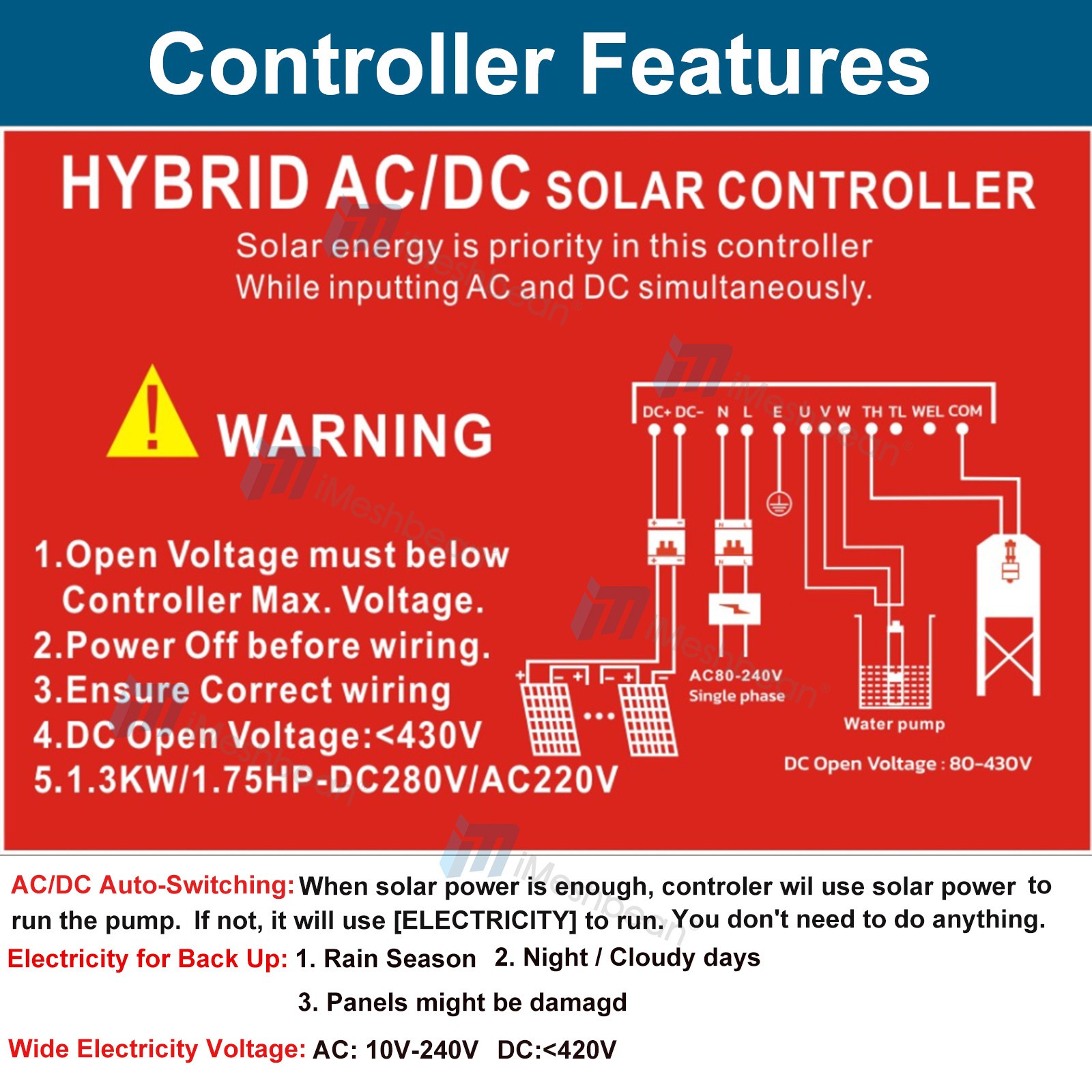 4" AC/DC 220V Solar Powered Bore Well Water Pump 2HP Submersible Hybrid Deep