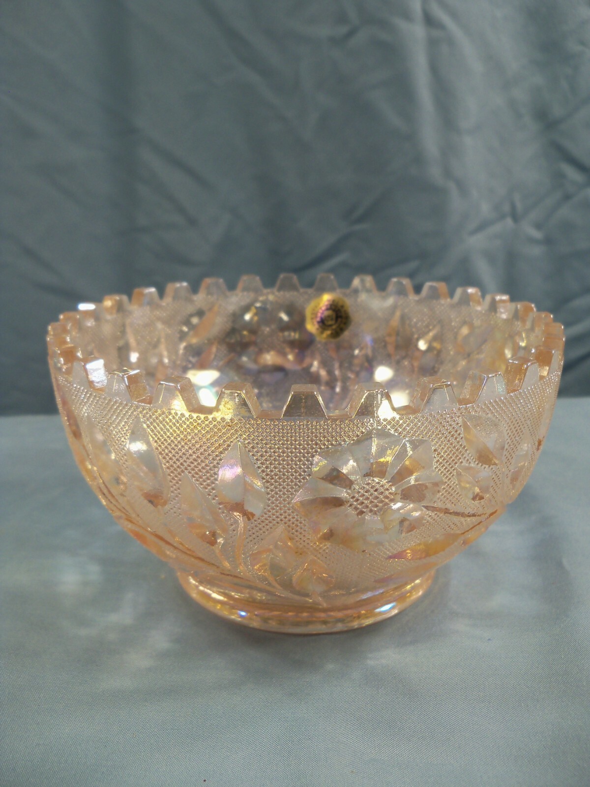 Westmoreland Pink Carnival Glass Wildflower & Lace Finger Bowl / Fireball Bottom