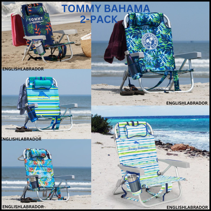 2-Pack Tommy Bahama Beach Chair Lay Flat Reclining, Backpack Straps, Storage NEW