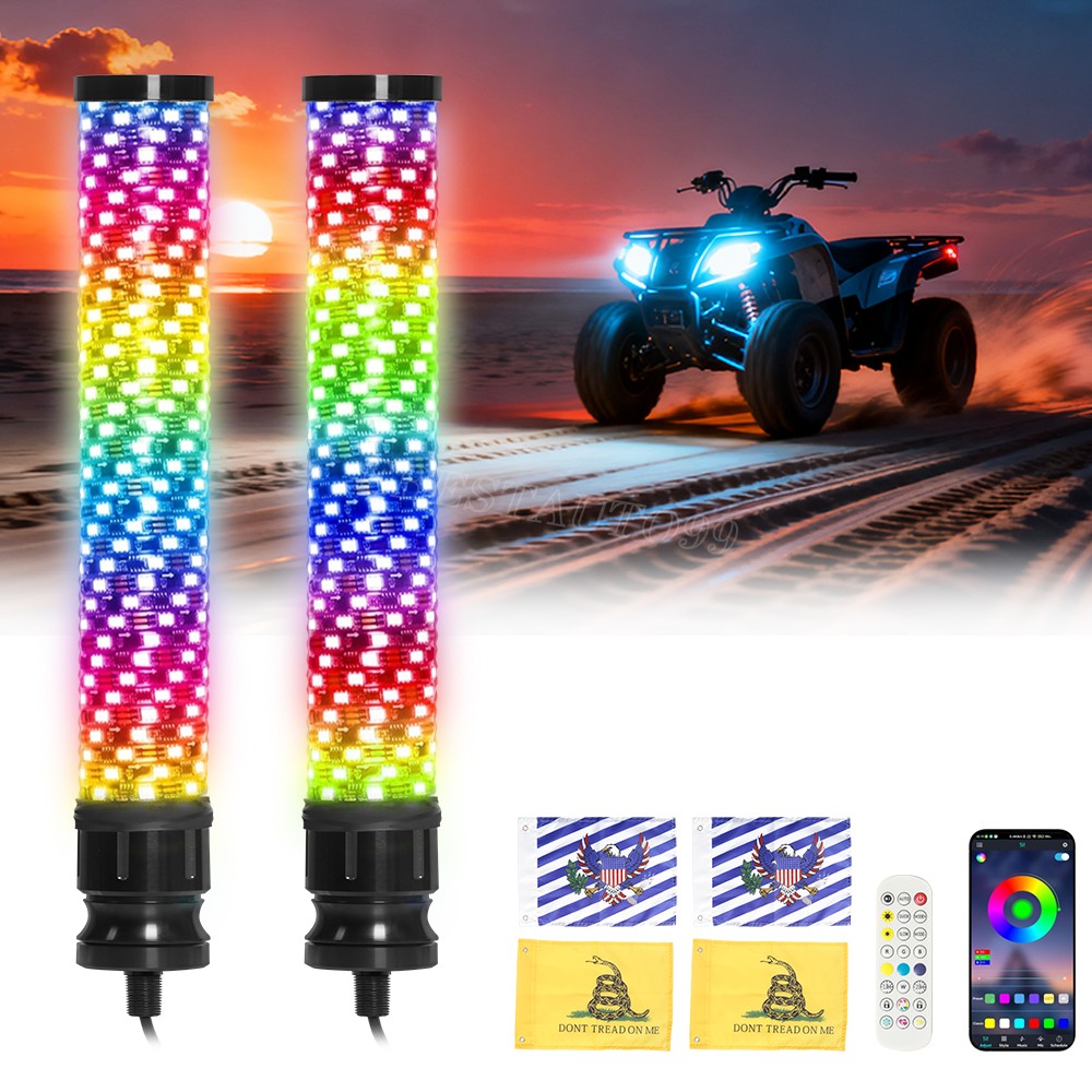 2PCS 2FT Spiral LED Fat Whip Light Antenna RGB Chasing For Can-am X3 RZR UTV ATV