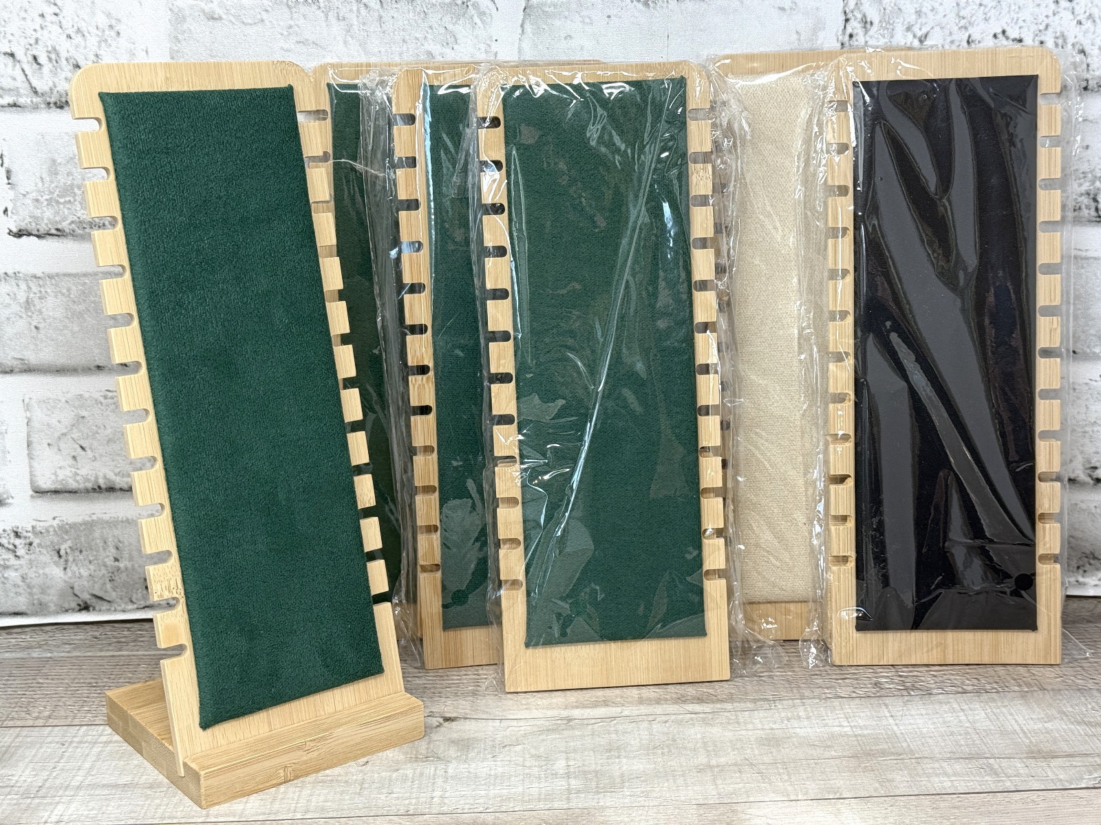 Lot of 6 Necklace Bracelet Wood Fabric Display Stands Selling Retail 12 Slots
