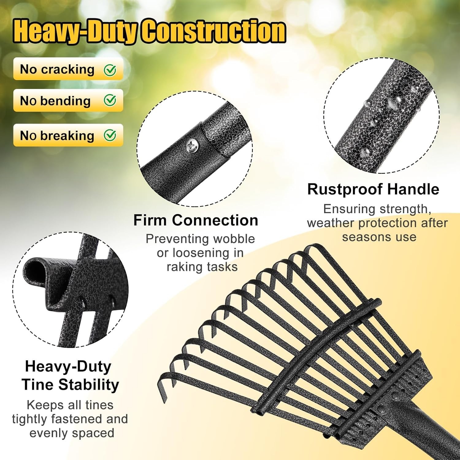 Heavy Duty Garden Leaf Rake 8.5" Wide Extendable Handle Compact Steel