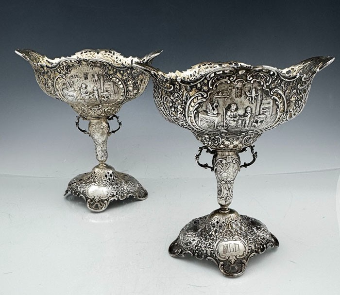 Pair German 800 Silver  FIGURAL COMPOTES 26 oz