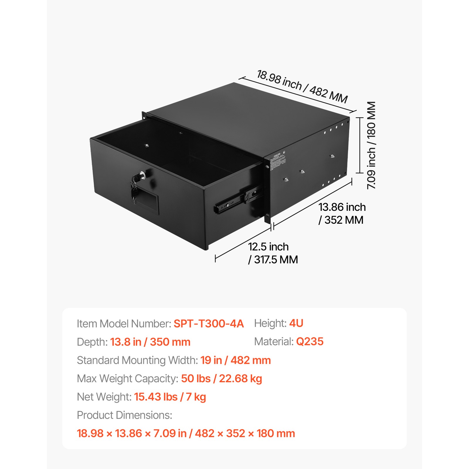 Uimoso 4U Rack Mount Drawer, 50 lbs Capacity, Lockable for 19-Inch Server Racks