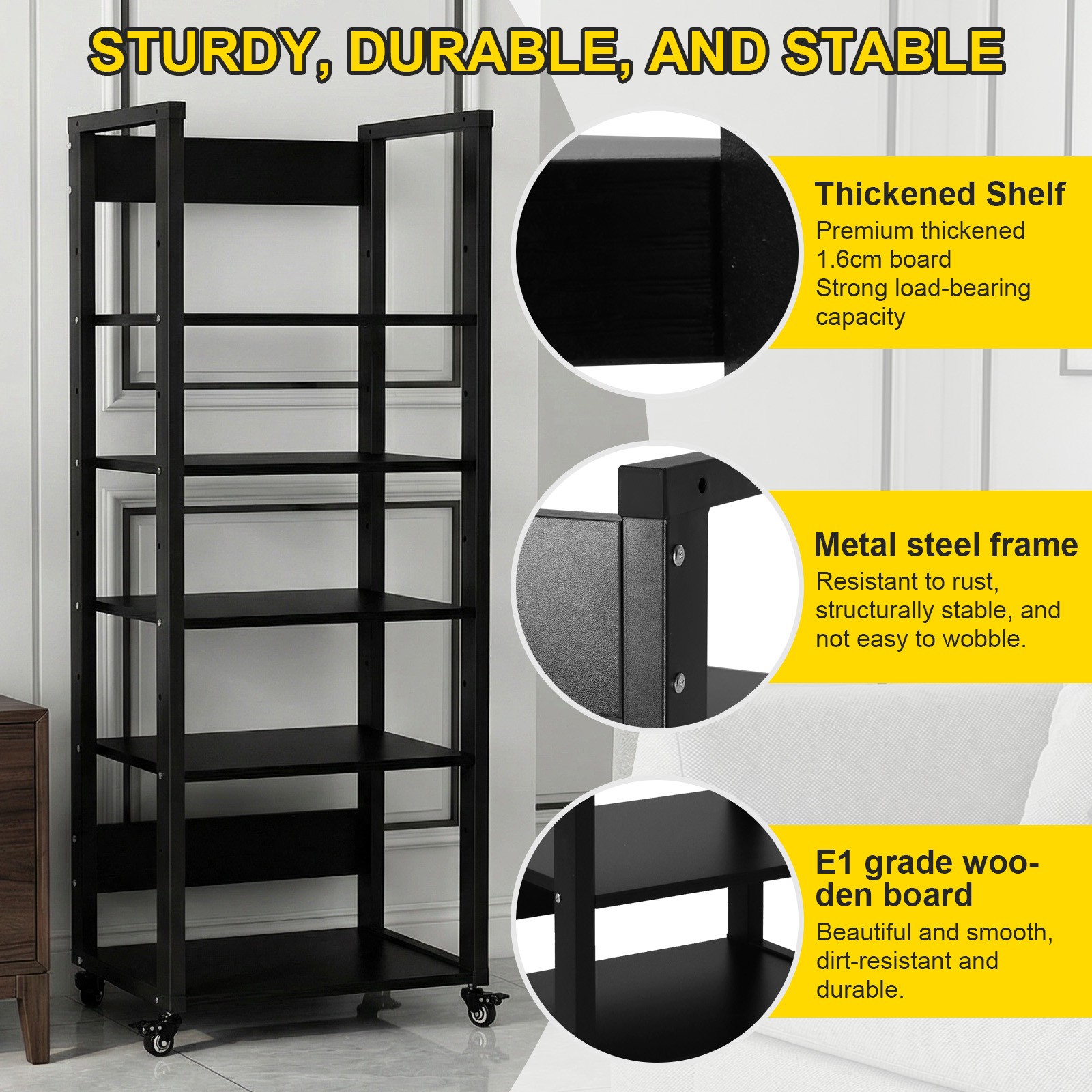5-Tier AV Media Stand, Audio-Video Shelving with Wheels, Adjustable Media Consol