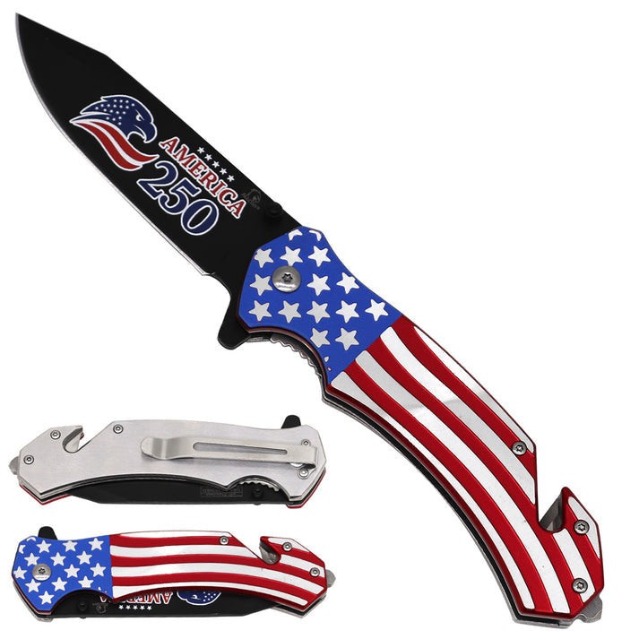 USA American Flag Patriotic "250 Years" Spring Assisted Folding Pocket Knife EDC