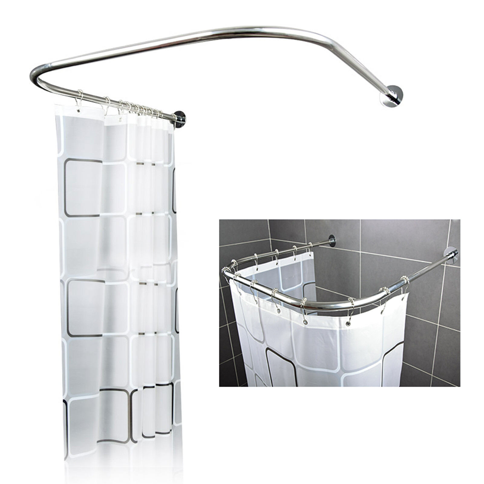 Stainless Steel Shower Curtain Rod 80-130 Cm with 9.8ft*6.6ft Curtain