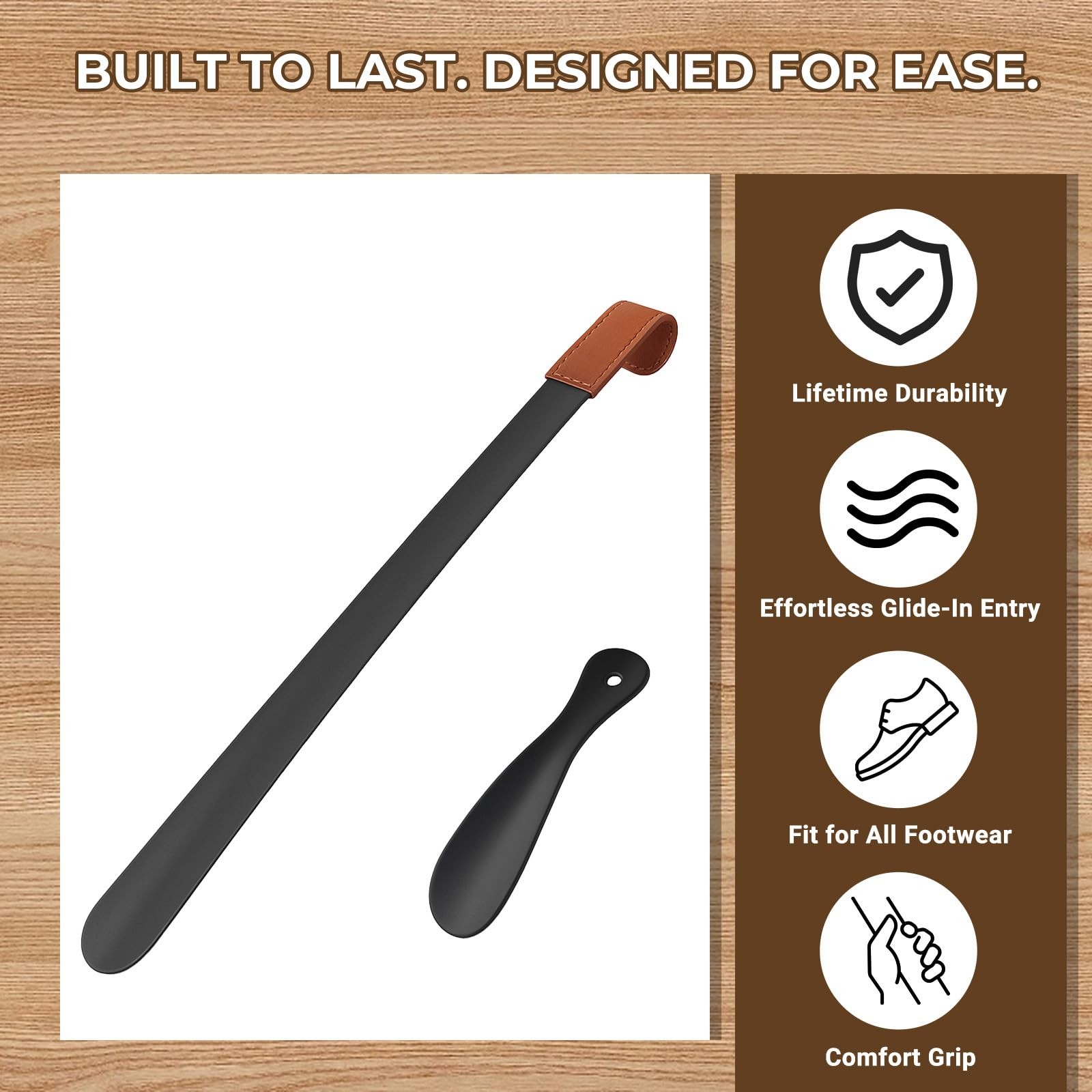 Amroicus Metal Shoe Horn Long Handle 16.5" & 7.5", 2 Pack S,L, Black