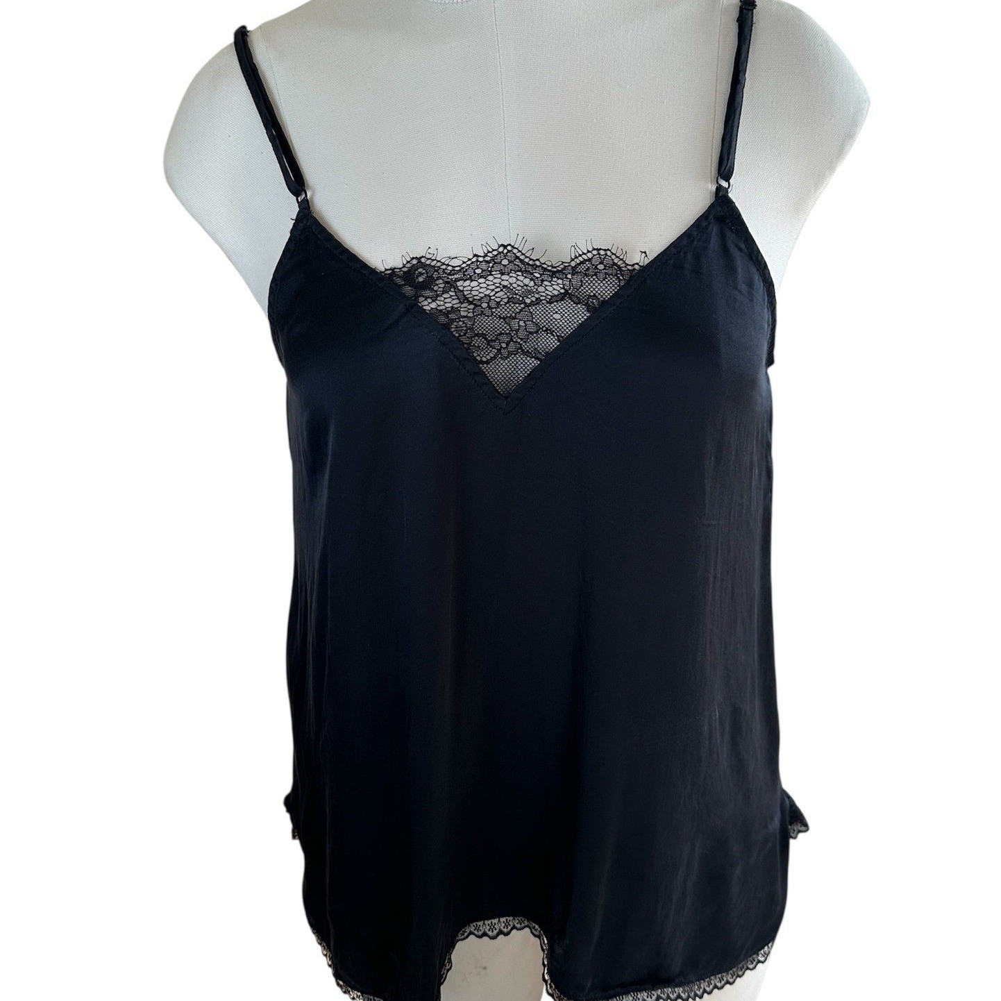 Eloise by Anthropologie Camisole Womens Small Black 100% Silk Lace Trim V-Neck