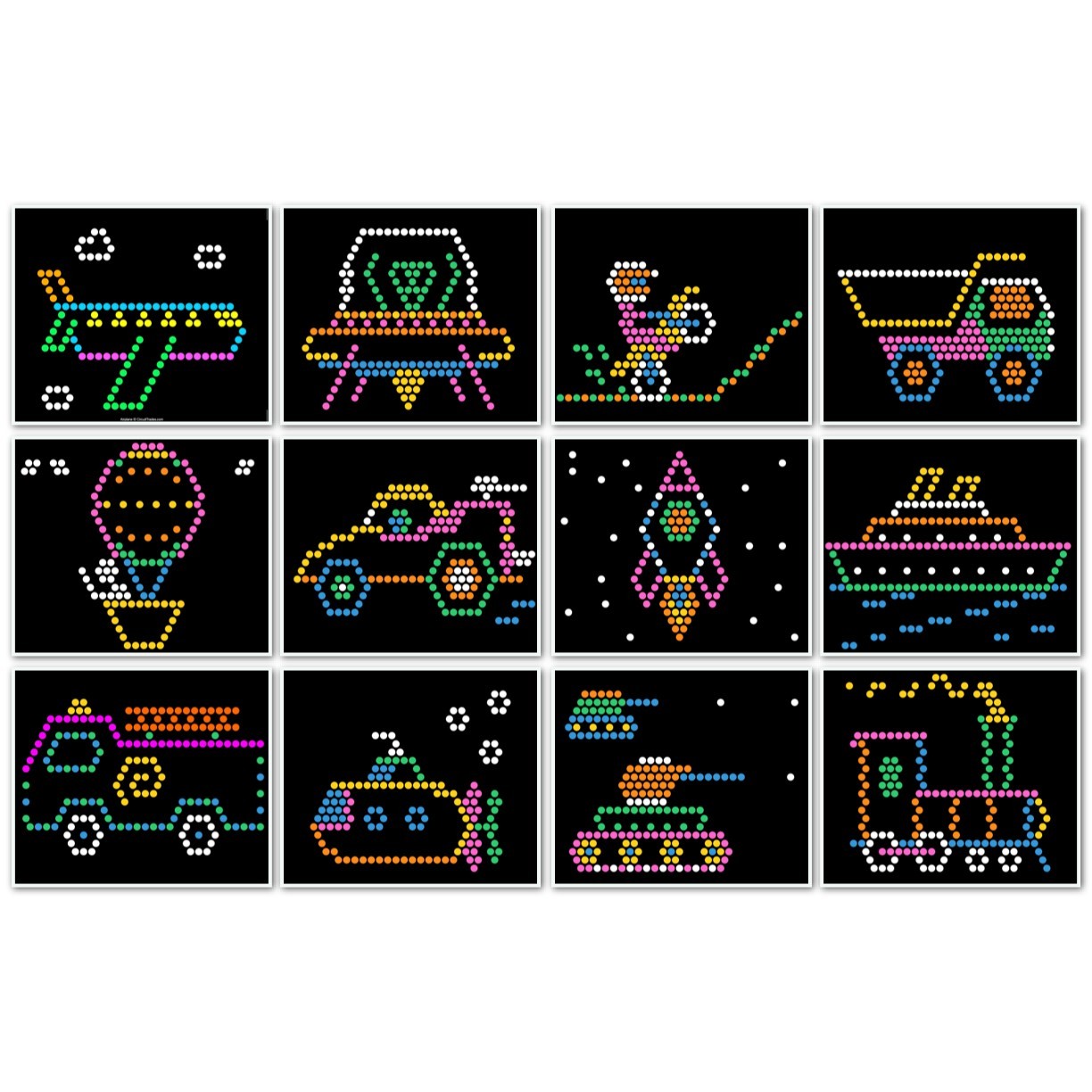 Paper Refill Sheets Template Patterns for Lite Brite - Vehicles 12 Pack