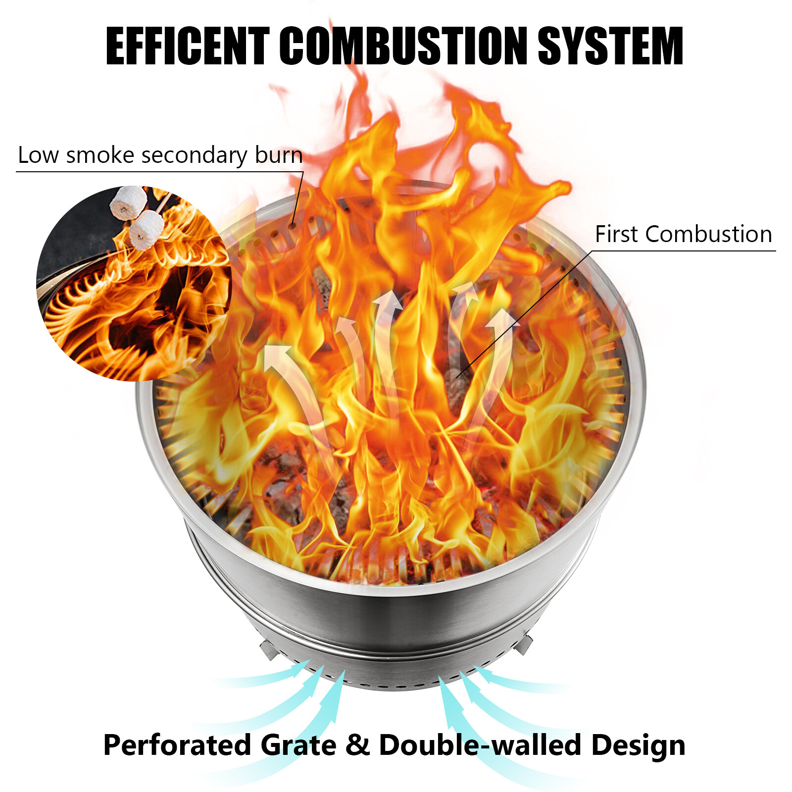 19 Inch Smokeless Fire Pit Portable Outdoor Wood Burning Firepit Stainless Steel