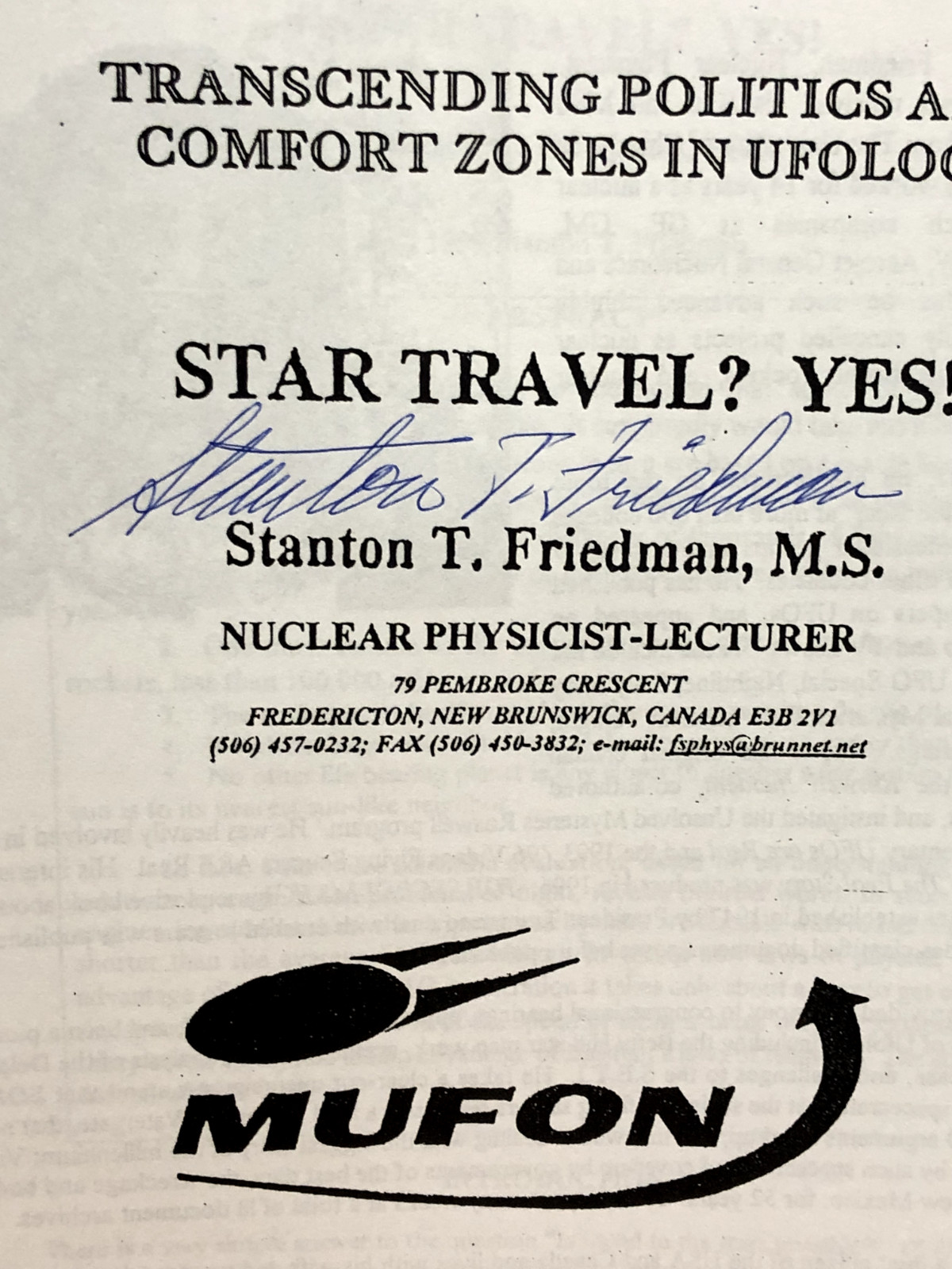 Rare Orig Stanton T Friedman Signed STAR TRAVEL MUFON UFO Symposium 25pg Paper