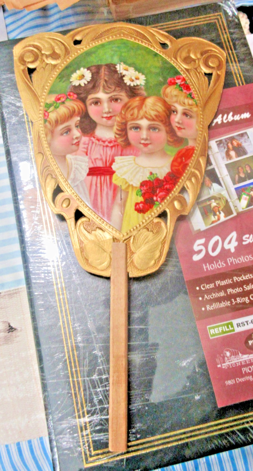 Antique 1920s Die Cut Advertising Hand Fan Sample Four girls