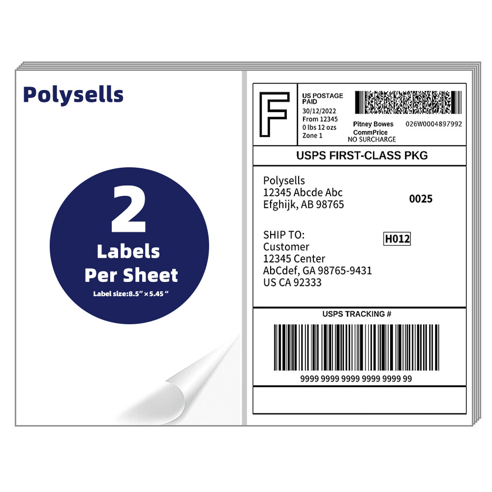 Shipping Labels 8.5x5.5 half sheet Self Adhesive 2 Per Sheet POLYSELLS 2UP