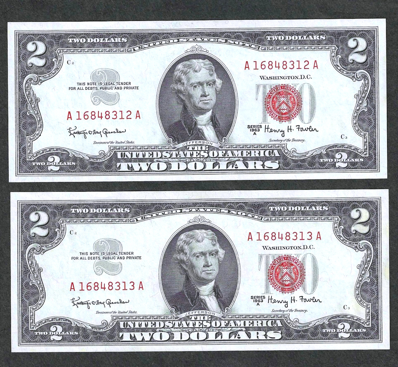 1963-A $2 RED SEAL NOTE ~ FR 1514 ~ ONE NOTE OF 2 CONSECUTIVE GEM CRISP UNCIRC