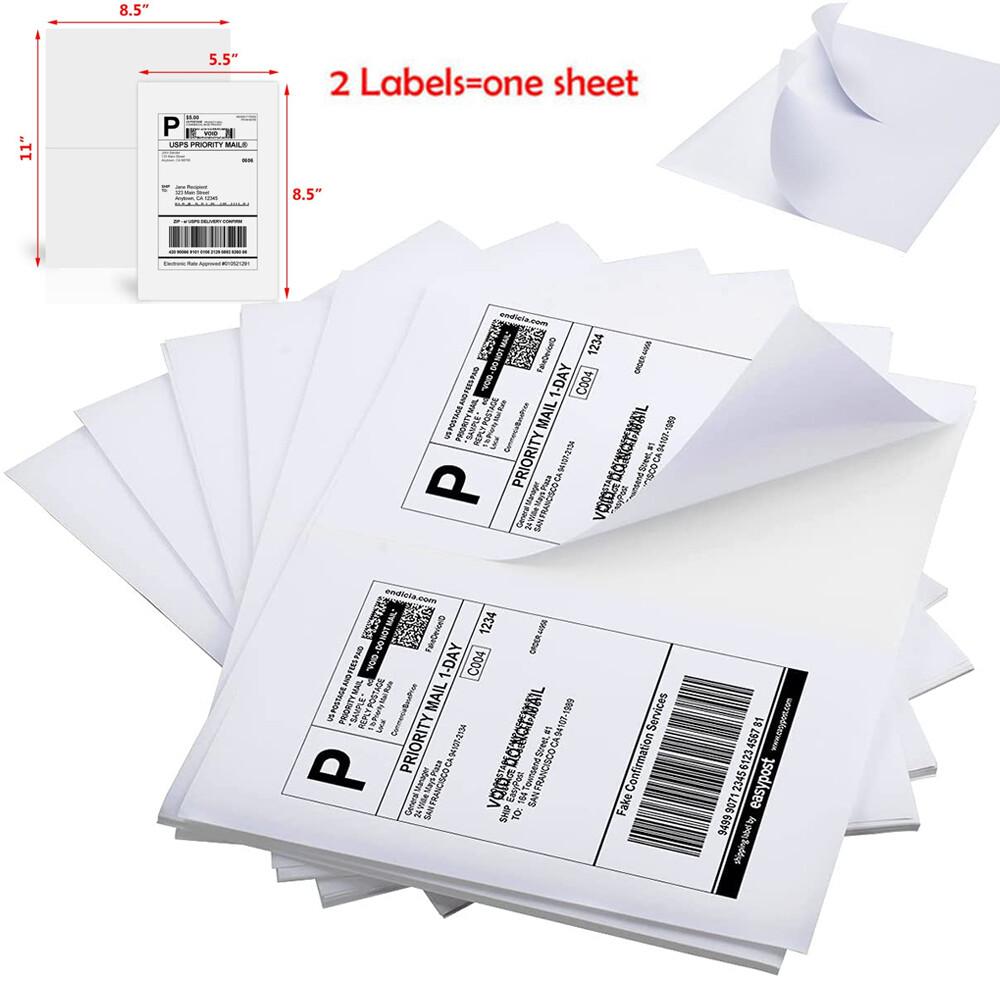 50-10000 Premium 8.5"x 5.5" Half Sheet Self Adhesive Shipping Labels 2 Per Sheet