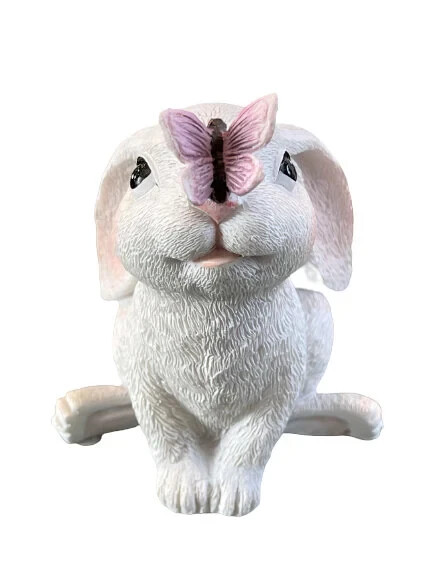 Small 3.75" Resin Bunny Rabbit w/Butterfly Figurine Farmhouse Easter Spring Boho