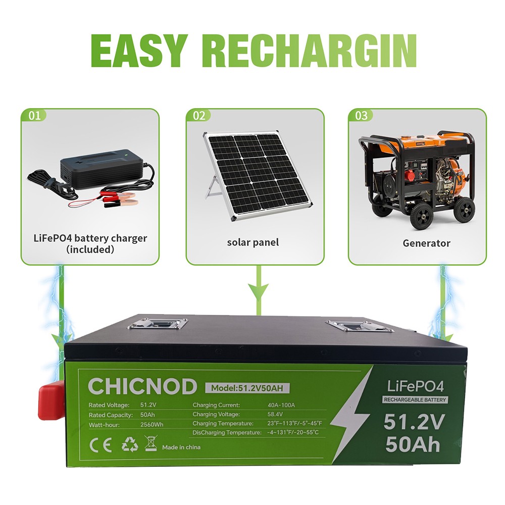 CHICNOD 48V 50Ah LiFePO4 Lithium Battery Built-in BMS Deep Cycles for Golf Carts