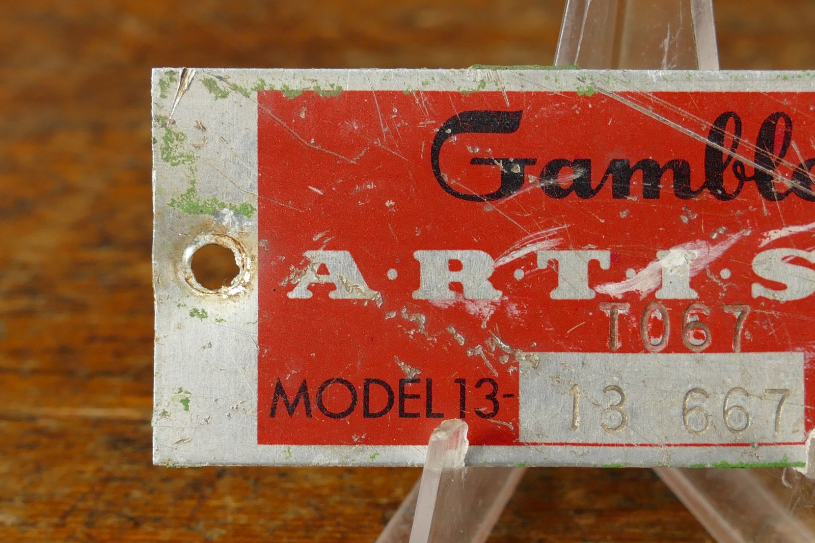 Vintage Gambles Stores Artisan Model 13 Metal ID Nameplate Tag Sign Emblem