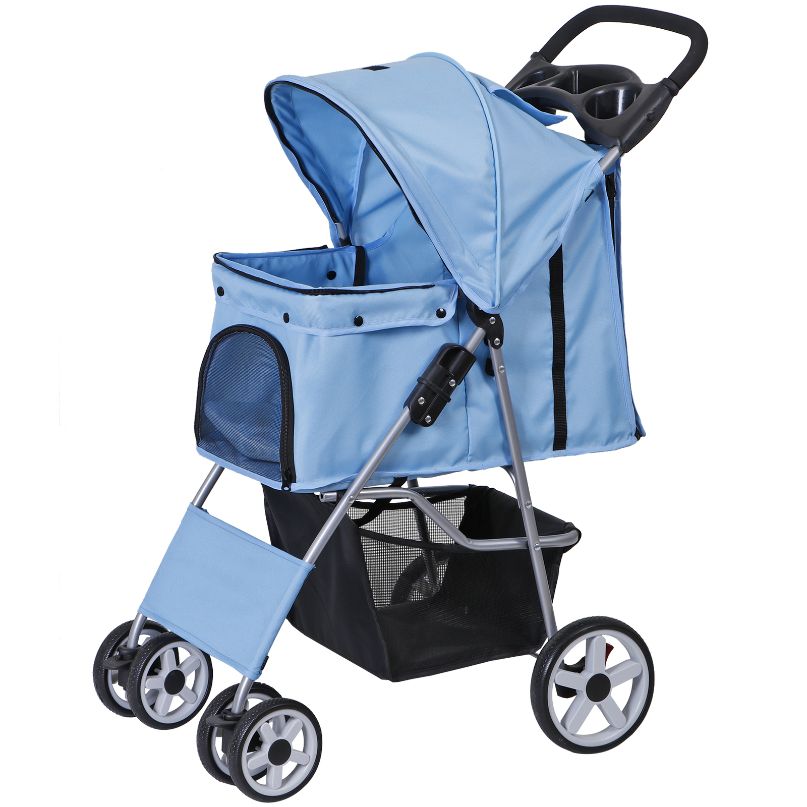 4 Wheels Pet Stroller Portable Dog Stroller w/ Storage Basket & Cup Holder Blue
