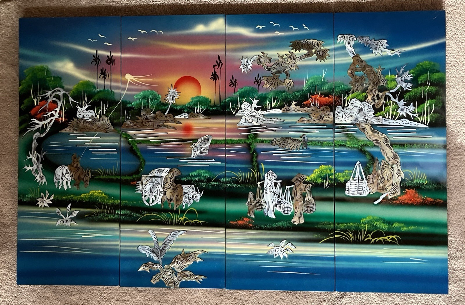 4-panel Handcrafted Vietnamese Lacquer And Mother Of Pearl Inlay Wall Art: 19X30