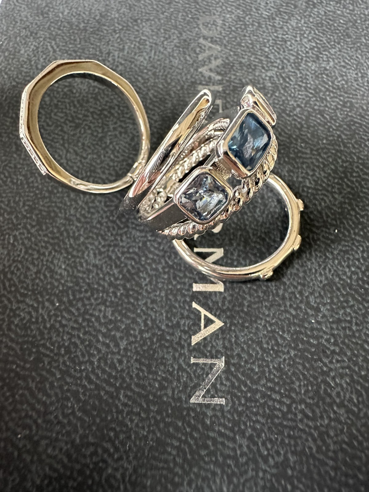 David Yurman Sterling Silver Stax Five Row Ring w/ Blue Topaz & Diamonds sz 9