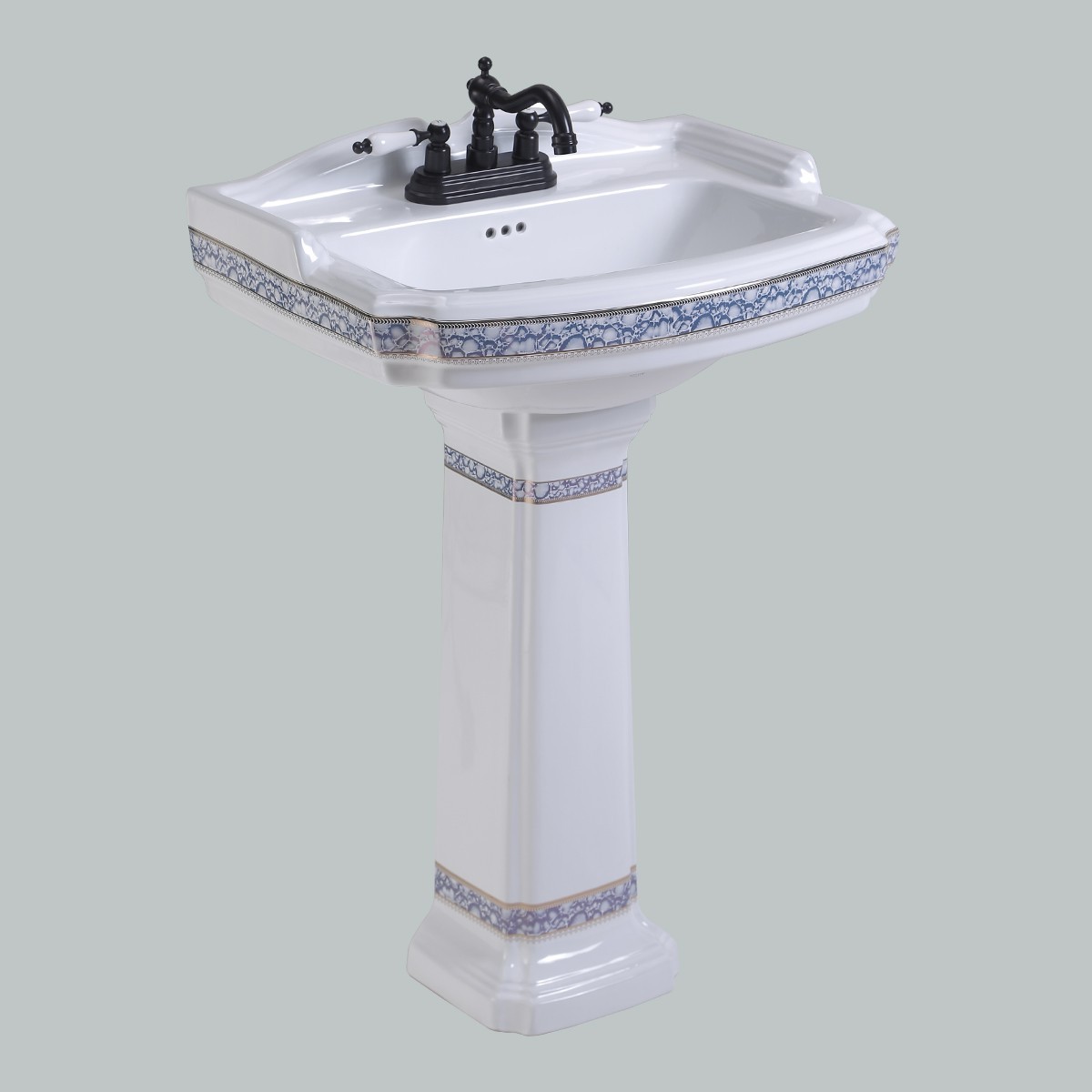 India Reserve White Bathroom Pedestal Sink Porcelain with Blue and Gold Finish